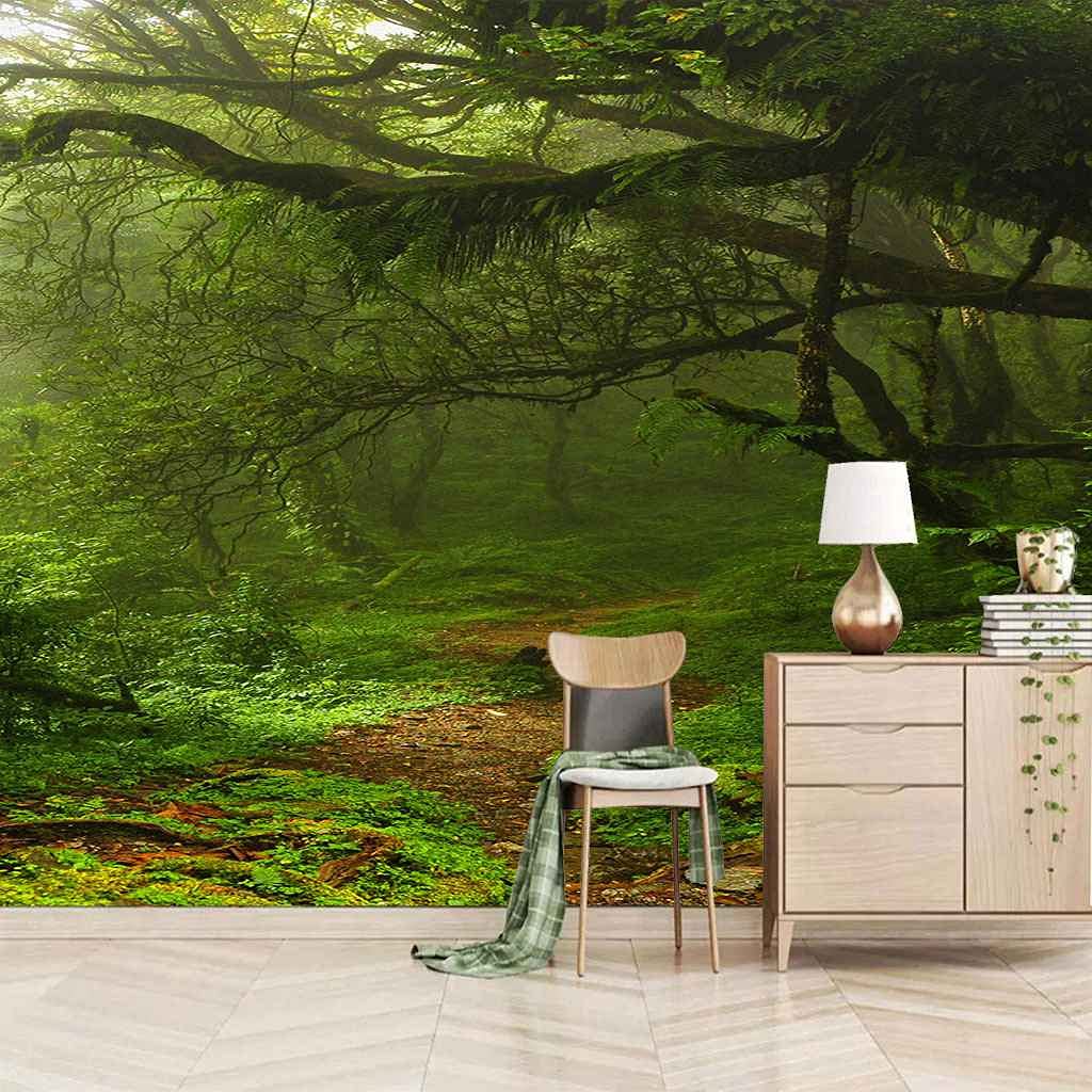 Papier peint forêt 3D auto-adhésif | Poster panoramique vert chambre enfants
