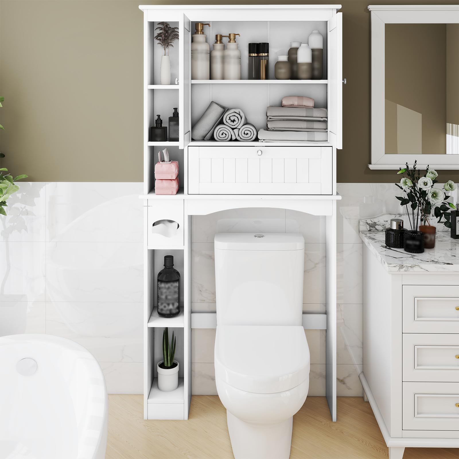 COSTWAY Armario de Almacenamiento sobre el Inodoro, Estantería con 3 Puertas y 6 Compartimentos, Estante Ajustable, Soporte para Papel Higiénico, Organizador Que Ahorra Espacio para Baño, Blanco