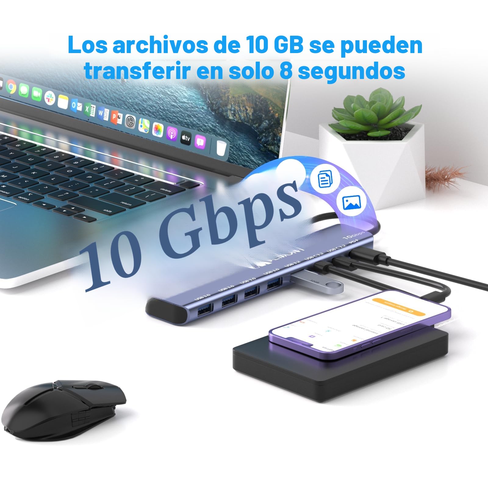 USB C Hub 10Gbps,VEMONT 7 en 1 Aluminio Hub USB 3.1/3.2 con 2 Puertos USB C 3.2 & USBA 3.2 & 4 Puertos USB A 3.0,100w PD Charging,USB C Splitter Compatible con MacBook/iPad/Laptop/Phones y más DIS