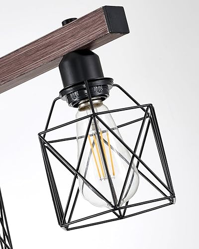 Miniatura 6 de Iluminación industrial de isla de cocina de 5 luces con barra de grano de madera y jaula de metal negro, lámpara de techo colgante rústica para