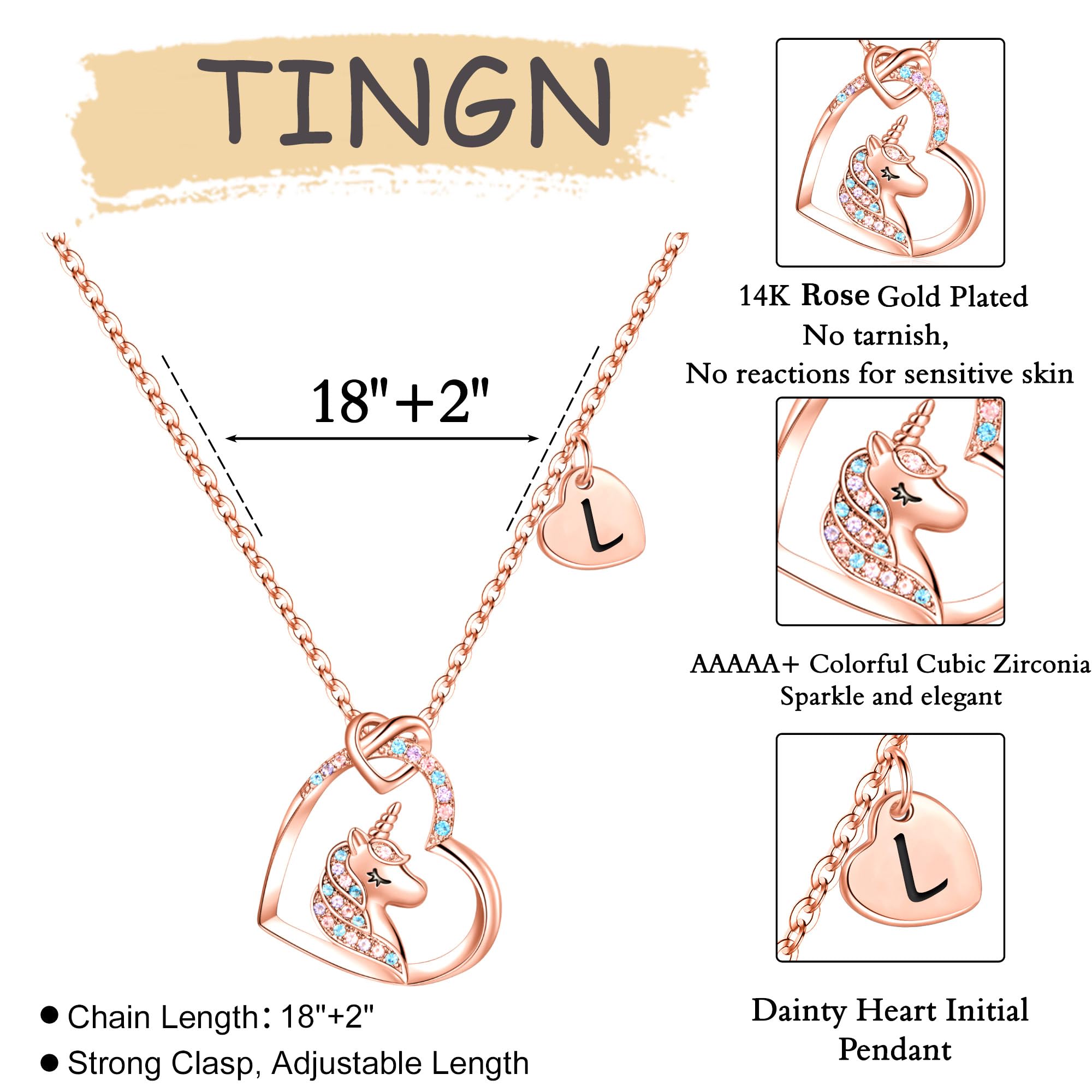 TINGN Collier Licorne Plaqué Or Rose 14 Carats - Pendentif Coeur Initiales CZ pour Filles - Cadeau d'Anniversaire Bijoux pour Femmes