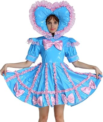 Women Maid Lockable PVC Sweet Heart Blue Dress Uniform Crossdress