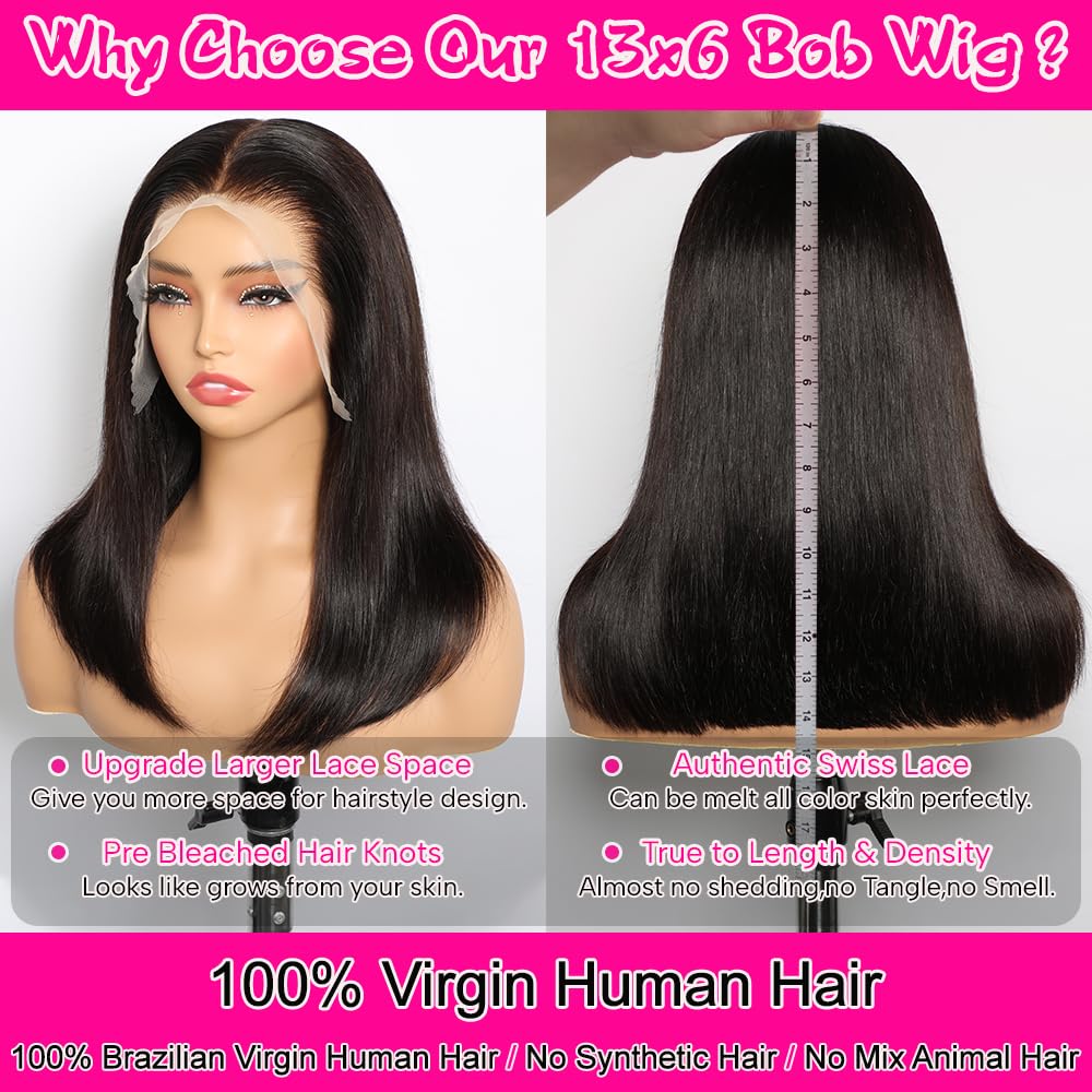 Bob Wig Human Hair Pre Bleached Invisible Small Knots Full 13x6 HD Lace Front Glueless Wigs Human Hair Pre Plucked Pre Cut Natural Hairline - 16 Inch Short Bob Wigs for Black Women