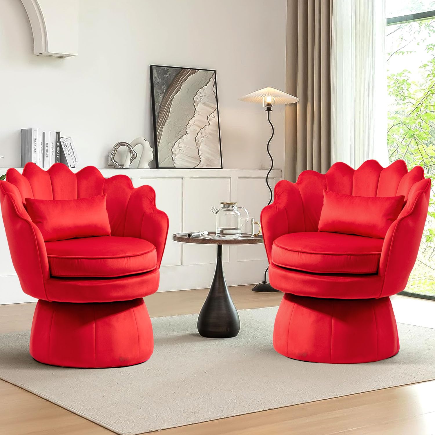 WQSLHX Swivel Accent Chairs Set of 2, Small Barrel Arm Chair, Red Velvet Upholstered, Mid-Century Modern Style, for Living Room/Bedroom/Waiting Room,