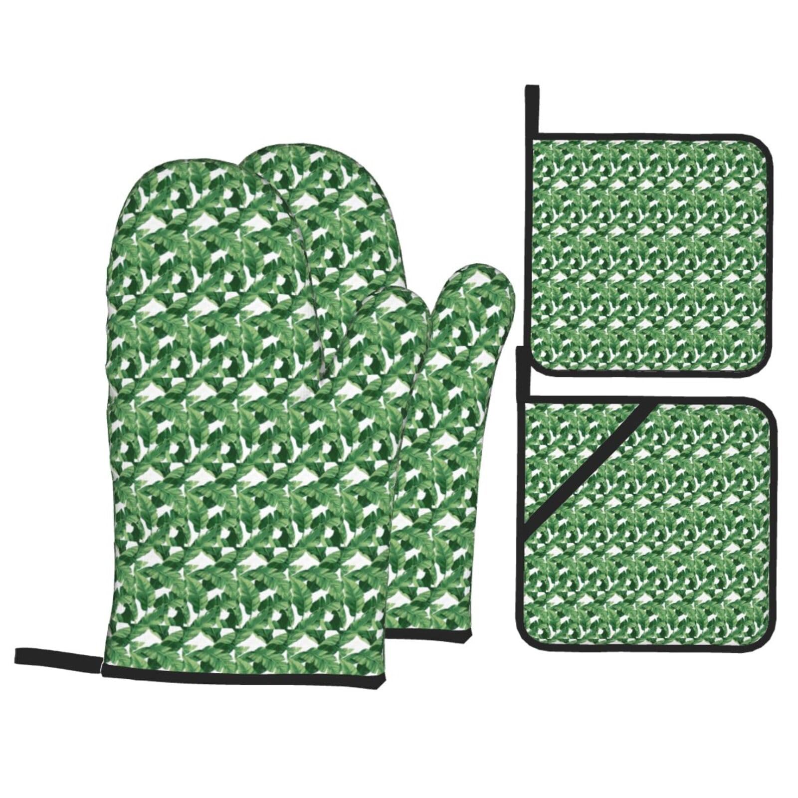 Nimongt Black Cute Green Palm Leaves Print Heat-Resistant 4-Piece Oven Kitchen Gloves For Baking Cooking Microwaving Essentials