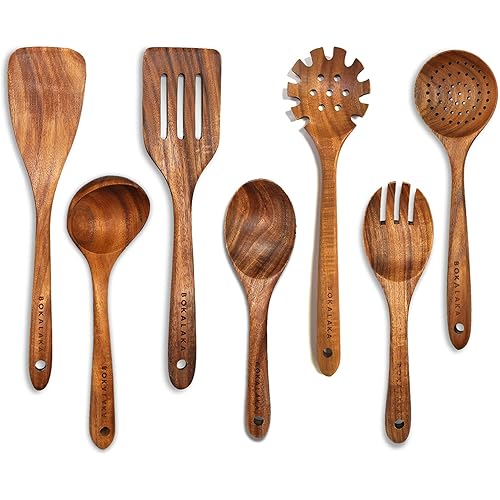 Teak Wooden Kitchen Utensil Set - 7Pcs Wooden Cooking Utensils Including Spatula