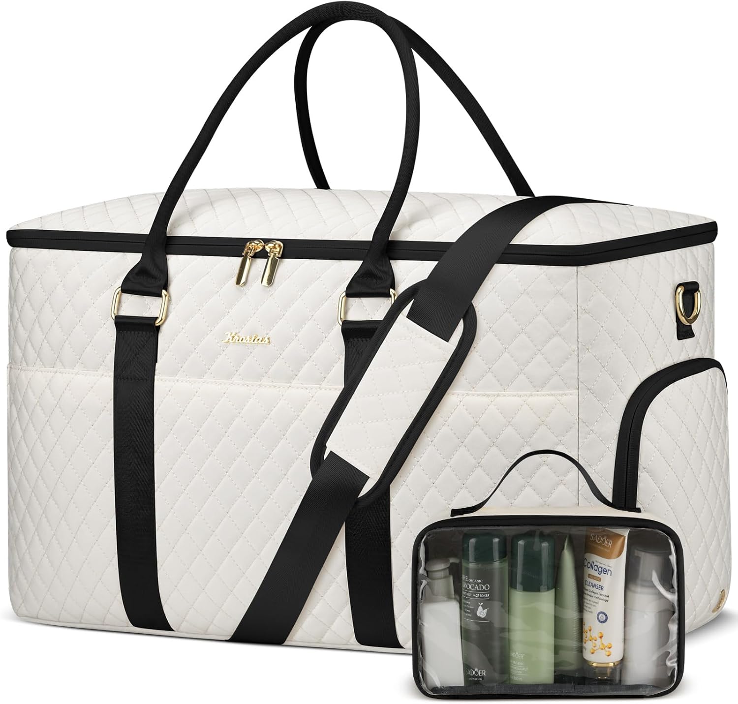 Travel Duffle Bag, Weekender Bag for Women with Shoe Compartment, Large Carry On Overnight Bag with Toiletry Bag, Gym Duffel Bag with Wet Pocket, Hospital Bags for Labor and Delivery (Beige Black)