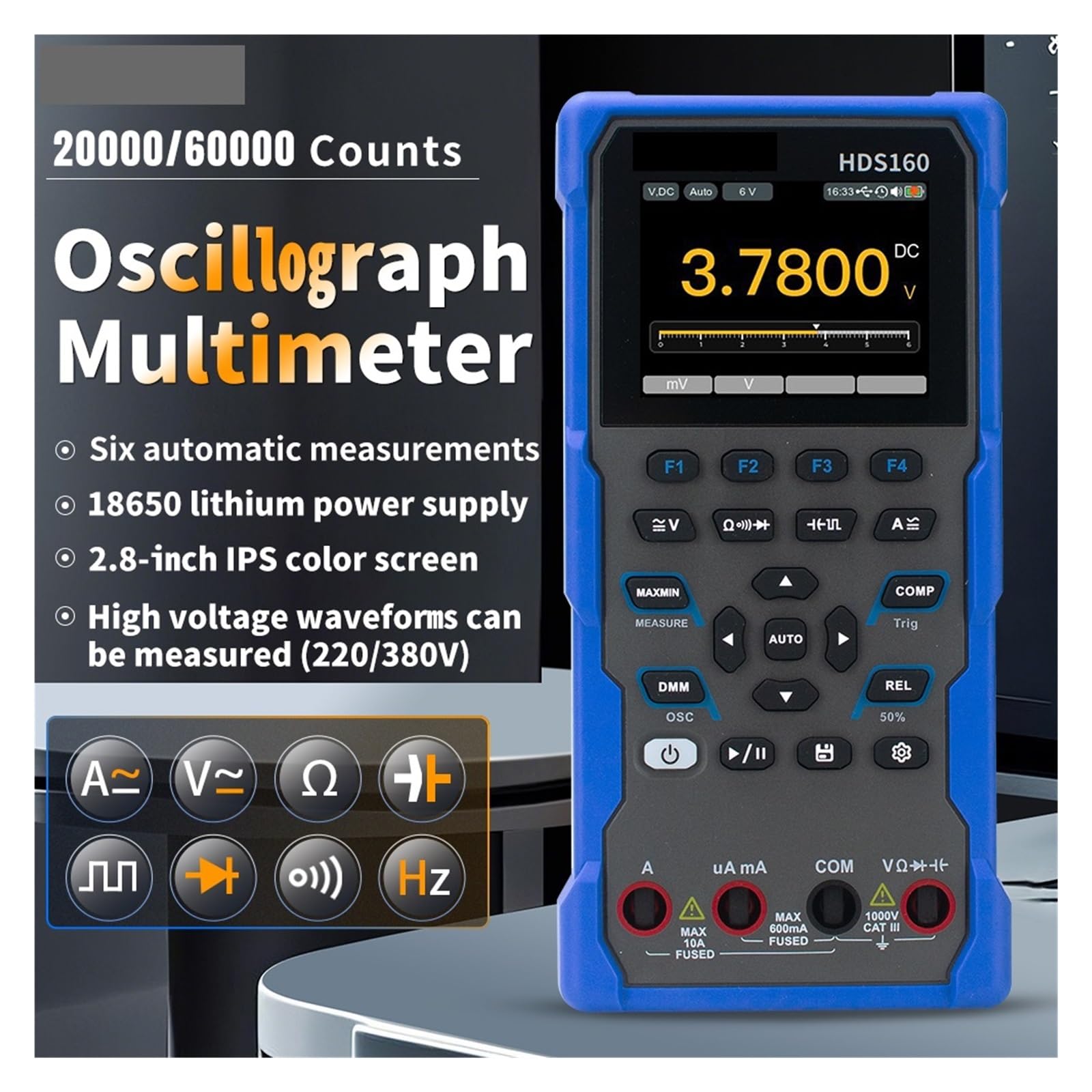 Oscilloscopi, Oscilloscopio digitale 2 in 1 HDS160, multimetro a vero valore efficace a 4 1/2 cifre 20.000 conteggi(HDS160)