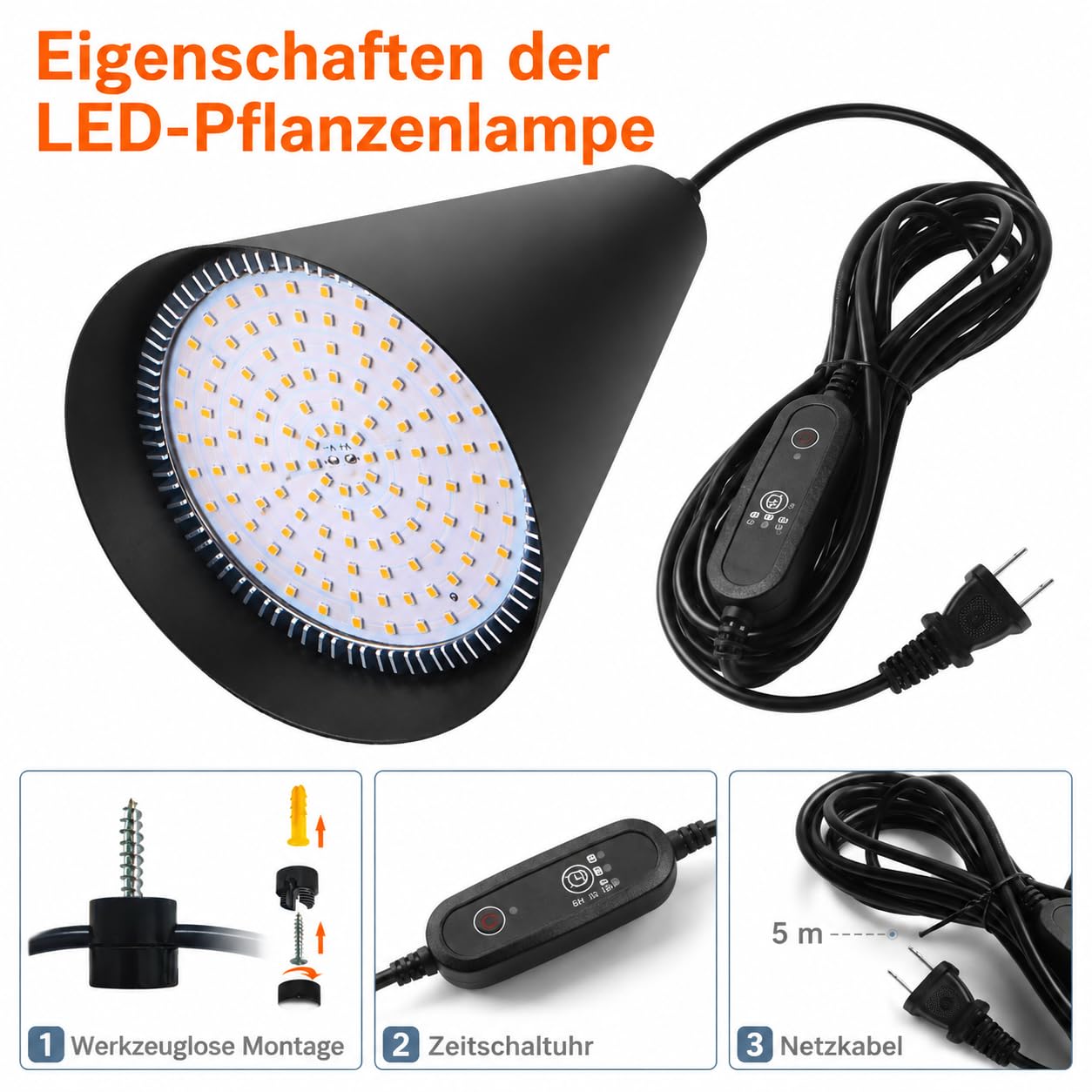 Bstrip LED Pflanzenlampe Hängend mit Timing und Hängendem System, 25W Vollspektrum 3000K Grow Lampe, 4H/9H/14H Timer, 5m Kabel & Deckenclips für Zimmerpflanzen und Blühen
