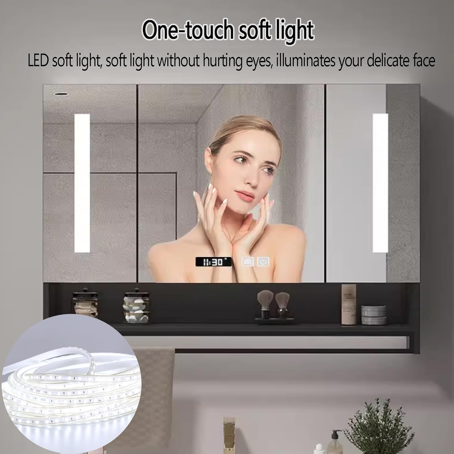 Led Bathroom Mirror Medicine Cabinet Wood smart Anti Fog Bathroom Medicine Cabinets Wall Mount with Storage LED Lighted Vanity Mirror Time Display Modern Bathroom Wall Cabinet Tow,Black,80*12*80cm/31