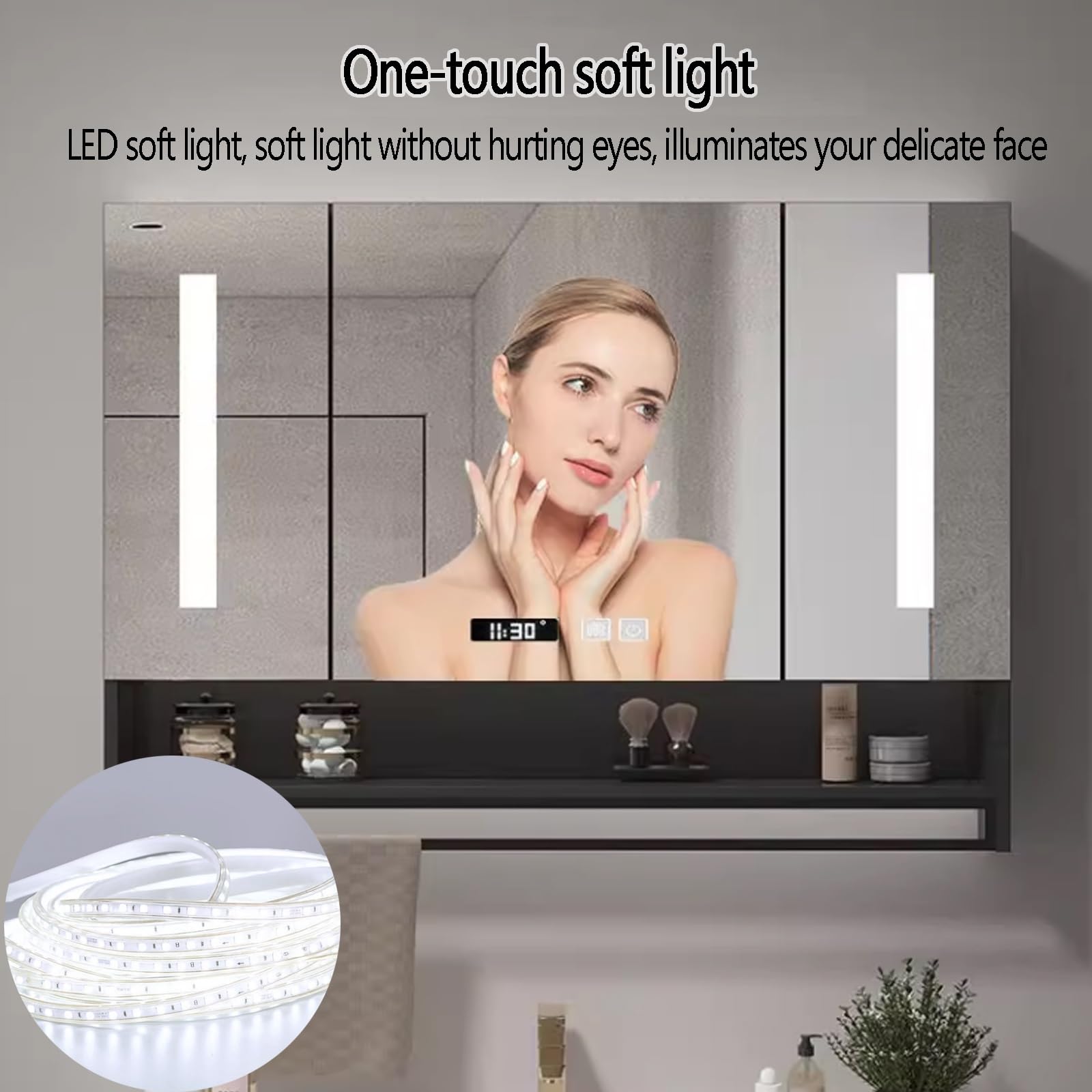 Lustro łazienkowe LED z szafką do przechowywania, montowane na ścianie, przeciwmgielne, podświetlane lusterko kosmetyczne z wyświetlaczem czasu, nowoczesny drewniany design, idealne do dekoracji domu.