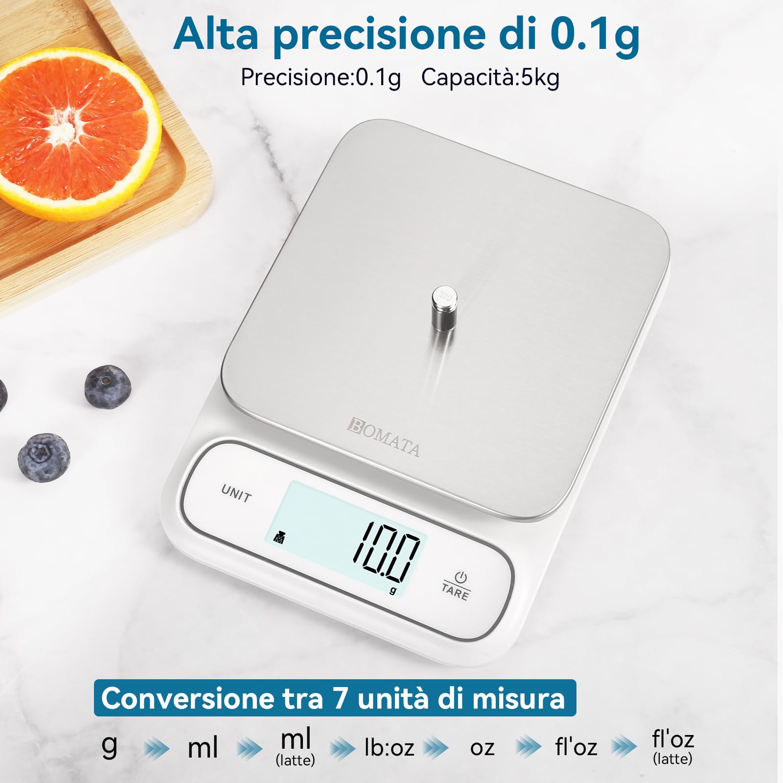 BOMATA bilancia da cucina impermeabile IPX6, alta precisione di 0,1g, con display digitale retroilluminato, piattaforma di pesatura in acciaio inox, alimenti, cucina, pasticceria, ecc. B619 Bianco