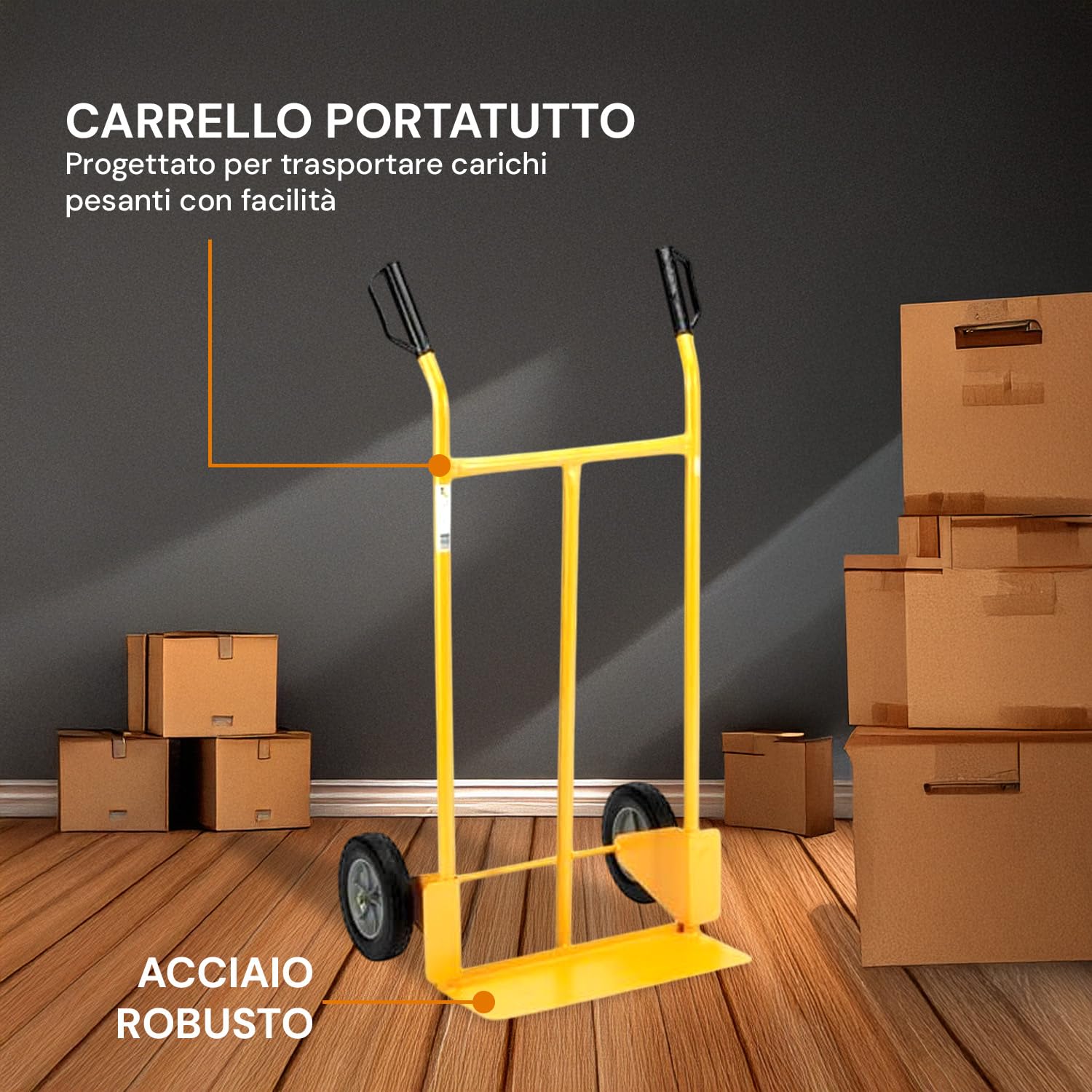 Carrello Portapacchi con Manopole Antiscivolo e Paracolpi in Acciaio Rinforzato Giallo, Carrello Trasporto con Ruote Pneumatiche, Portata 200 kg, 110x46x56 cm