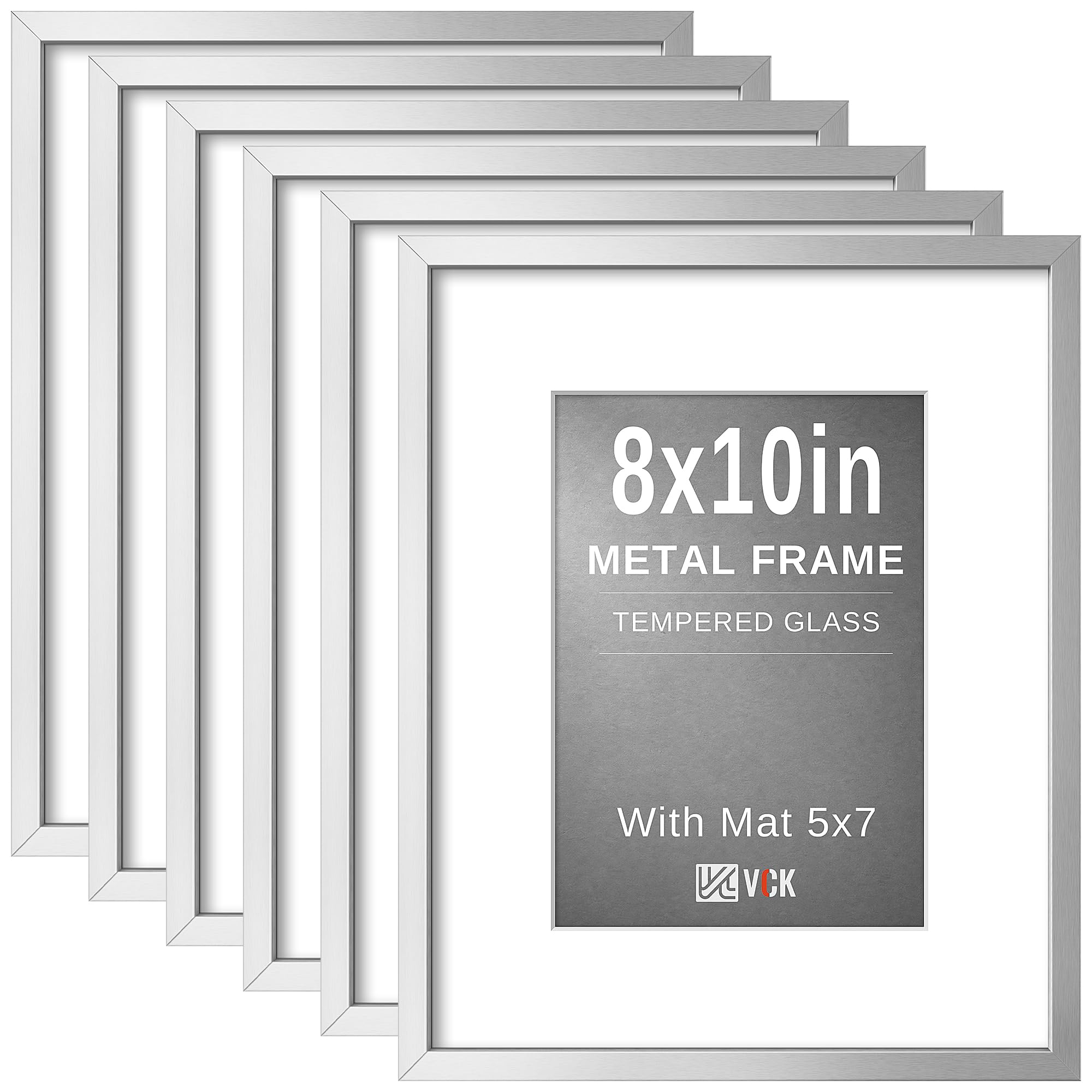 VCK 8x10 Picture Frame Silver Metal, Real Glass, 5x7 Mat, 6 Pack, for Arts