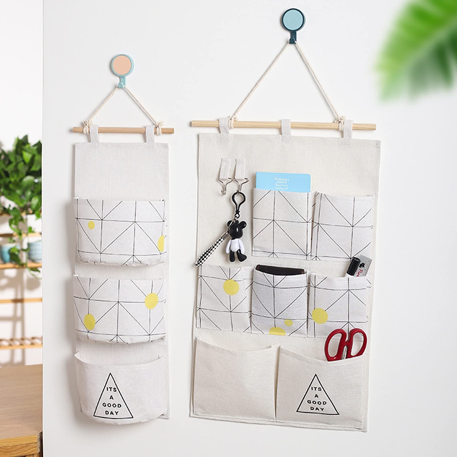 MBELLO Hängende Organizer-Tasche, Fabric Hanging Storage Bag Over the Door Wall Mounted Storage Bag with 7 Pockets Elegant Cotton Linen Wall Hanging Storage Bag(B)
