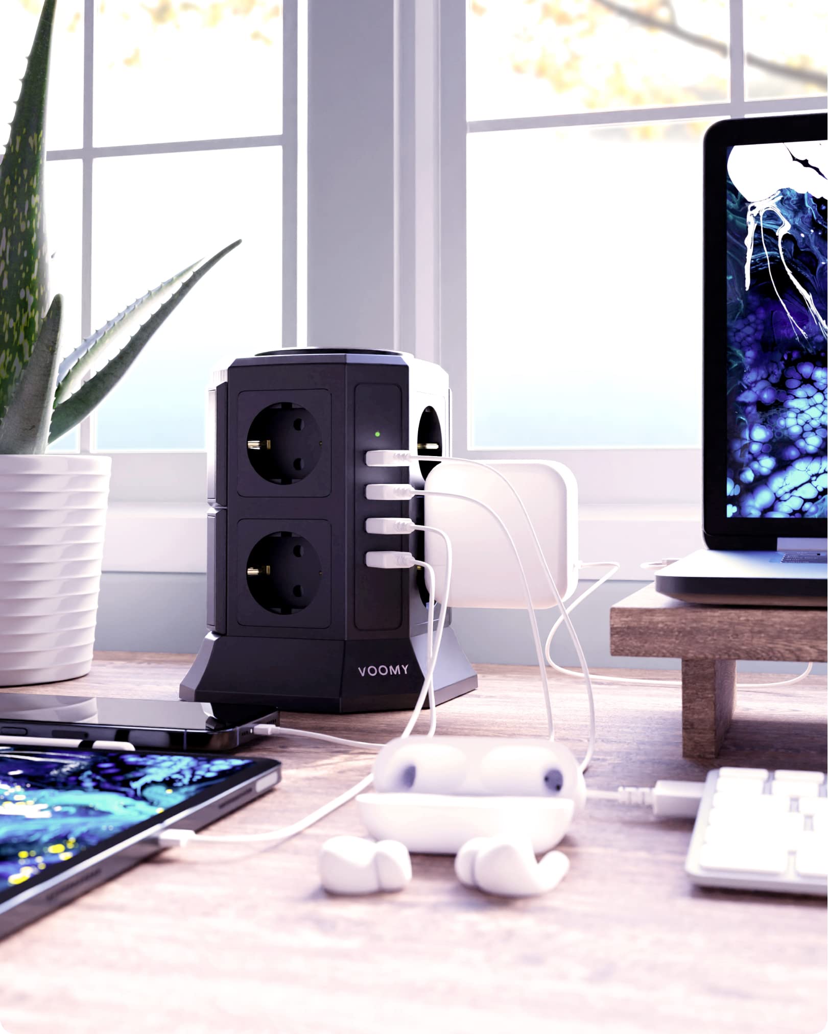 VOOMY 12-in-1 Multipresa Verticale, Ciabatta Multipresa con USB, Multipresa Elettrica con 8 Prese e 4 USB, Ciabatta con Fusibile di Protezione, 2 Interruttori Indipendenti e Cavo 2M, Nero