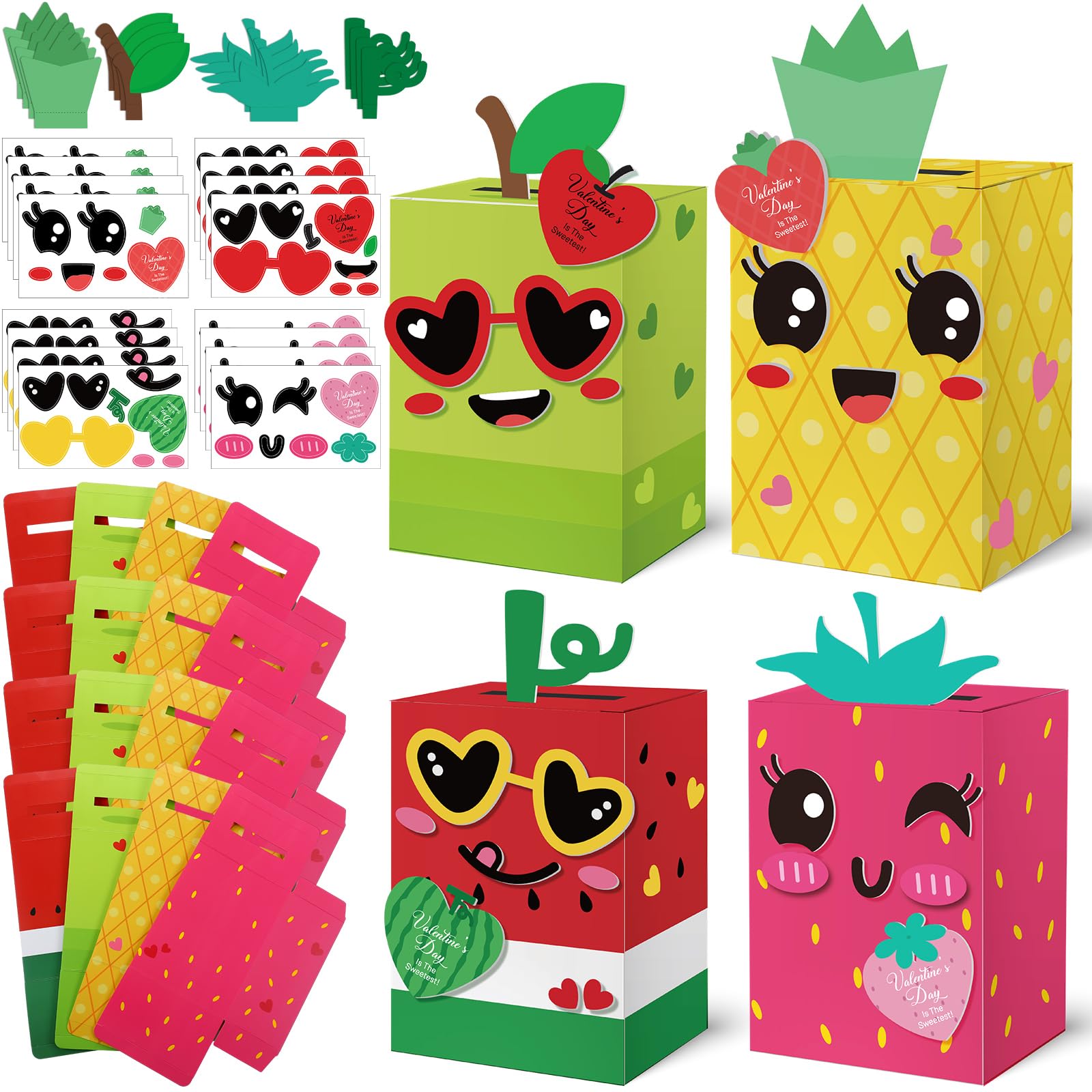 Gueevin 4 Pieces DIY Valentines Mailbox Craft Kit Pineapple Strawberry Watermelon Apple Valentines Box Craft Kit Make Your Own Valentines Box Mail Box Crafts for Kids Girls Boys