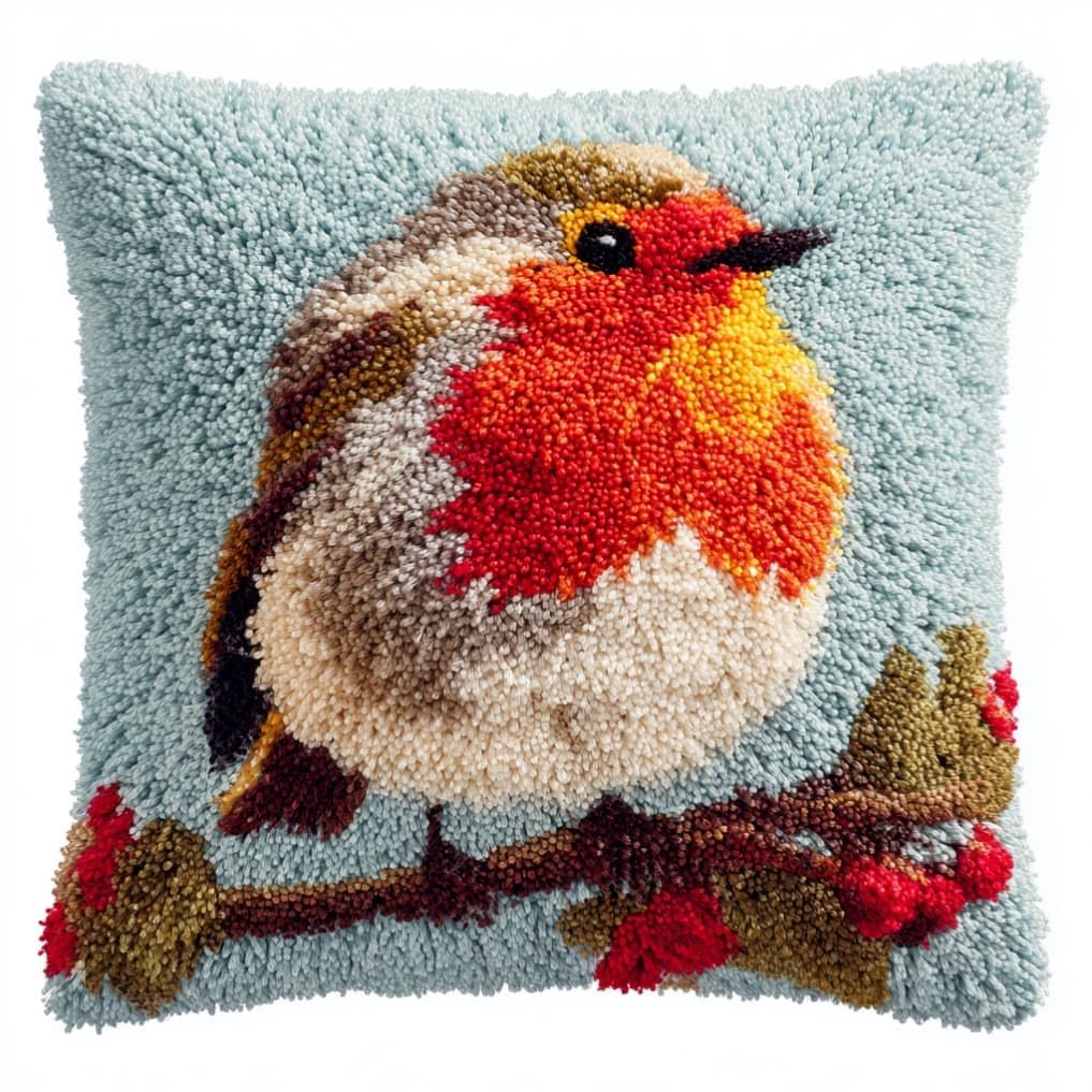 WallustrioaW DIY Latch Hook Pillow Kit,Robin Pillowcase Kits Embroidery Kits 17X17 Inch DIY Needlework Pillow Cover Sofa Cushion Rug Making