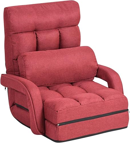 Miniatura 9 de GOFLAME Sofá perezoso de masaje plegable ajustable, sofá de silla de suelo, silla acolchada para juegos con reposabrazos y almohada