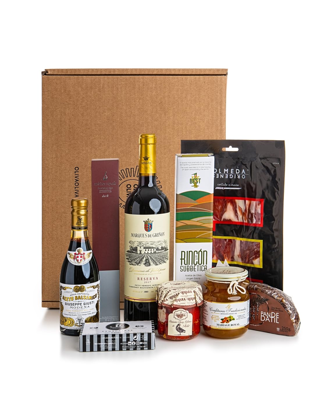 Cesta Gourmet Regalo OLIVA ELITE - Jamón de Bellota, Balsámico de Módena, Rincón de la Subbética, conservas y dulces nacionales e internacionales