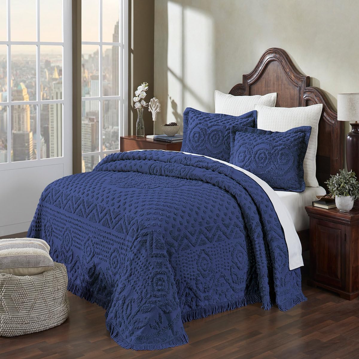 3 Piece Elegant 100% Cotton Oversized Tufted Chenille Bedspread Queen Size Pretty Medallion Design | All Seasons Navy Indigo Blue Color Western Bedding Aesthetic Luxury Look Soft Plush Coverlet Set