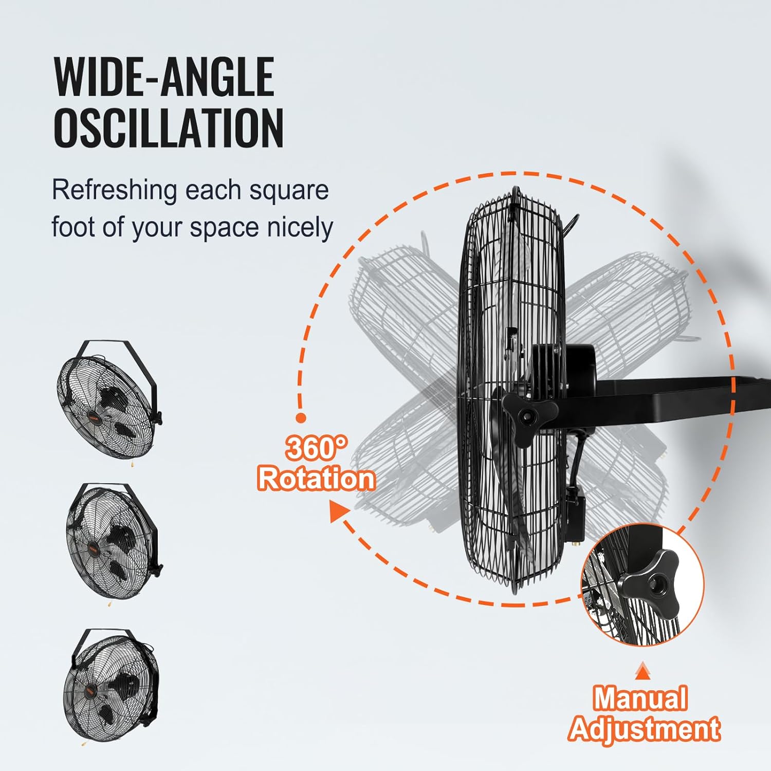Diagram illustrating the 360-degree rotation and manual tilt adjustment feature of the VEVOR wall mount fan.