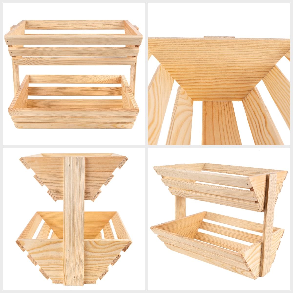 Creative Home Frutero Cesta de Frutas de Dos Niveles de Madera | 36x28x30 cm | Madera Aceitada | Soporte Universal Funcional para Almacenaje y Exhibición | Frutas Verduras Snacks | Cocina Comedor