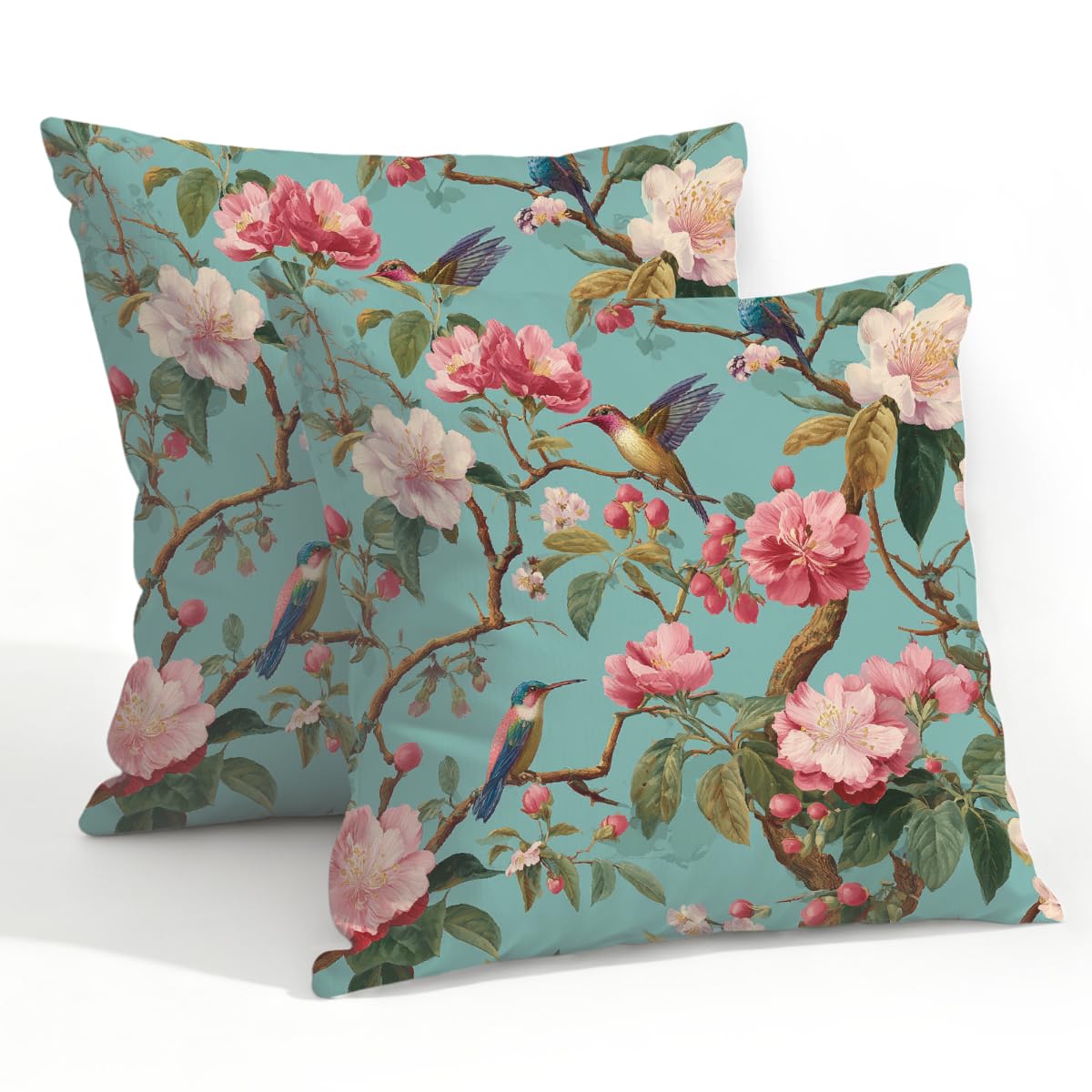 Outdoor Pillow Covers Waterproof Pillowcases 22x22in Set of 2 Chinoiserie Pink Flower Branches Birds On Turquoise Decorative Throw Cushion Case for Couch Sofa Garden Patio Furniture