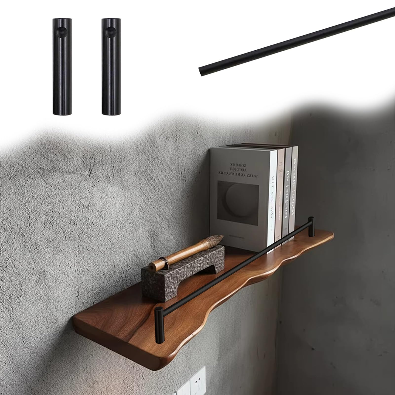MESCXTY Aluminum Shelf Guard Rail Decorative 8 12 16 18 24 28 32 36 38 in, Tipping Gallery Set for Floating Shelf, Cabinet Guardrail Bar with 2 Spindles(Black B,23in/58cm)