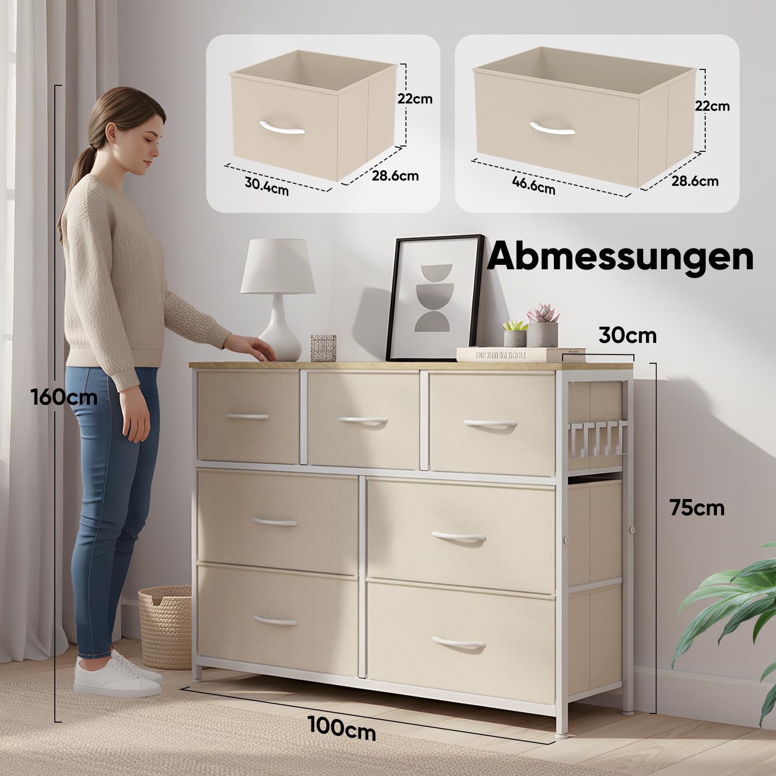 HOKEEPER Kommode 7 Schubladen Stoffbezug | Stoffschubladen, Holz, mit Schubladen, für Küche, für Schlafzimmer, für Flur, Beige, weiche Stoffschubladen