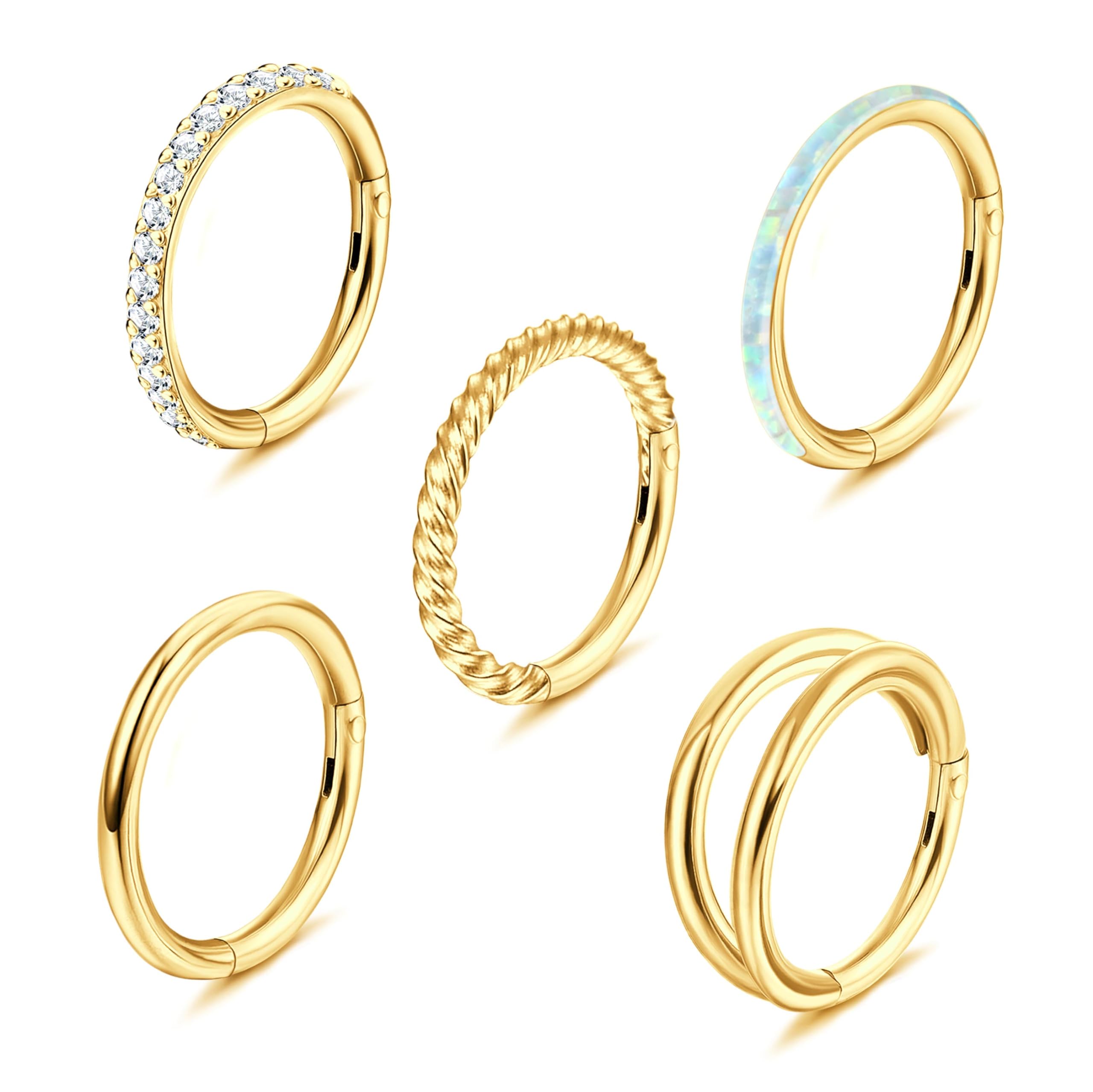 5Pcs 18G 16G Surgical Steel Nose Rings Hoop for Women Opal CZ Clicker Hinged Septum Nose Ring Lip Helix Cartilage Hoop Earring Daith Rook Conch Piercing Jewelry for Women 8mm 10mm