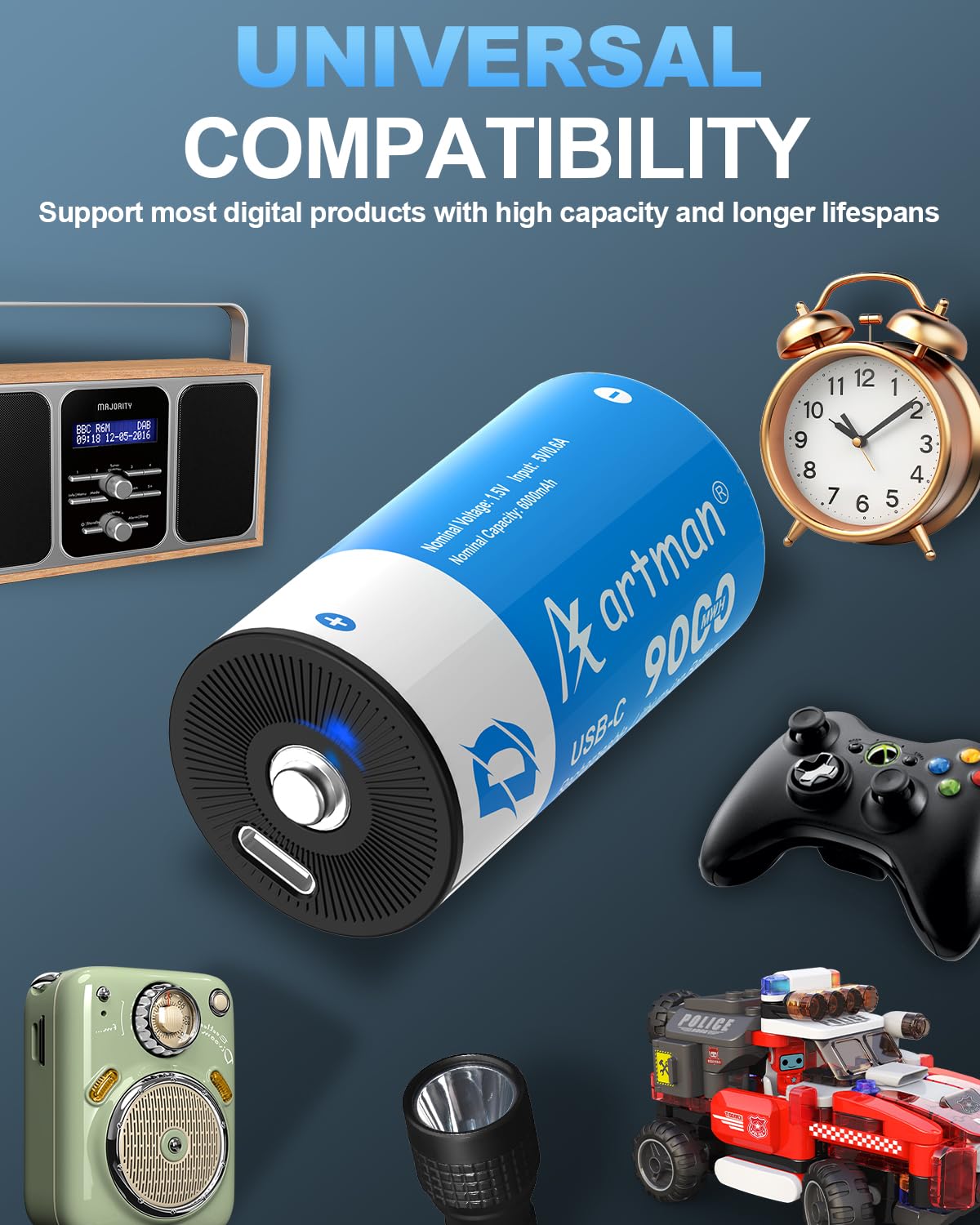 Artman - Confezione da 4 batterie ricaricabili al litio D, 9000 mWh, ricaricabili agli ioni di litio, con cavo di ricarica USB-C 2 in 1, batterie da 1,5 V, dimensioni D, per proiettori, scaldabagno