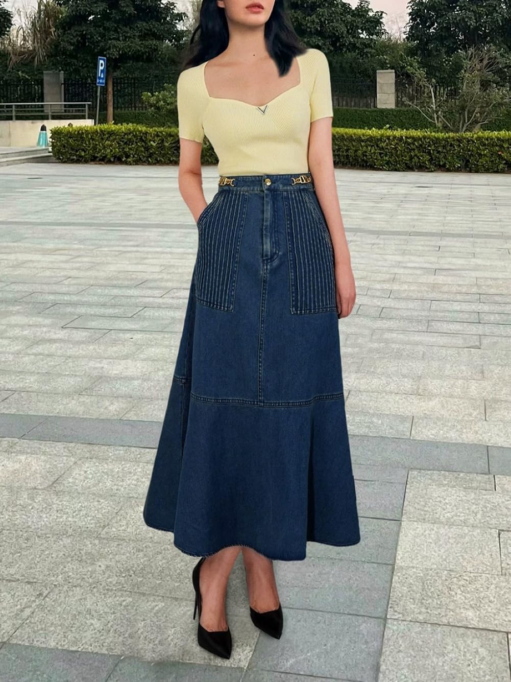 CHARTOU Women Ruffle Denim Maxi Skirt Casual Patchwork Flared High Waist A Line Long Jean Skirt