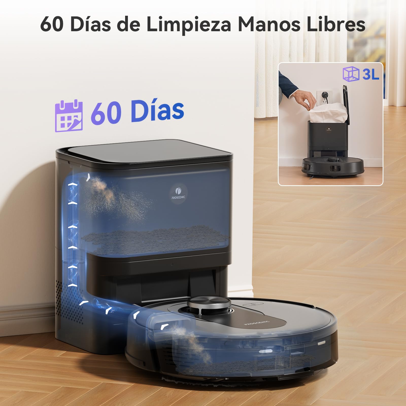 Proscenic Q8 MAX Robot Aspirador con Base Autovaciado, Navegación Lidar, 5000Pa/200Mins Potente Succión, Antienredos, Control de Voz/App/Aleax, Ideal para Pelo de Mascotas, Polvo, Piso y Alfombras