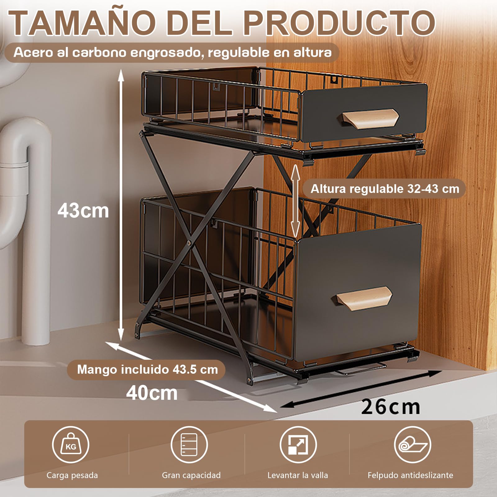 Organizador de cocina plegable de 2 niveles, 26 x 40 x 43 cm, estante para especias, cajón extraíble regulable en altura, organizador para armario que ahorra espacio, para especias, cosméticos, baño