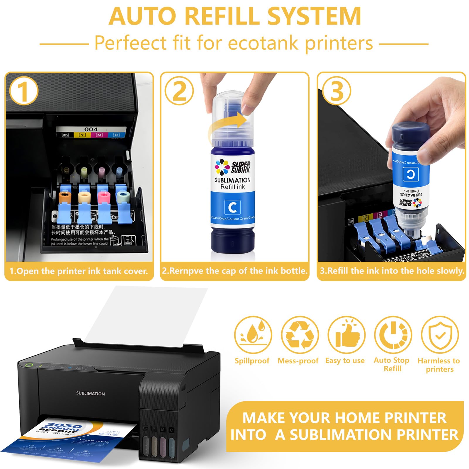Sublimation Ink for Epson 2800 ET2850 ET2720 ET2760 ET4800 ET15000 Heat Press Transfer Ink