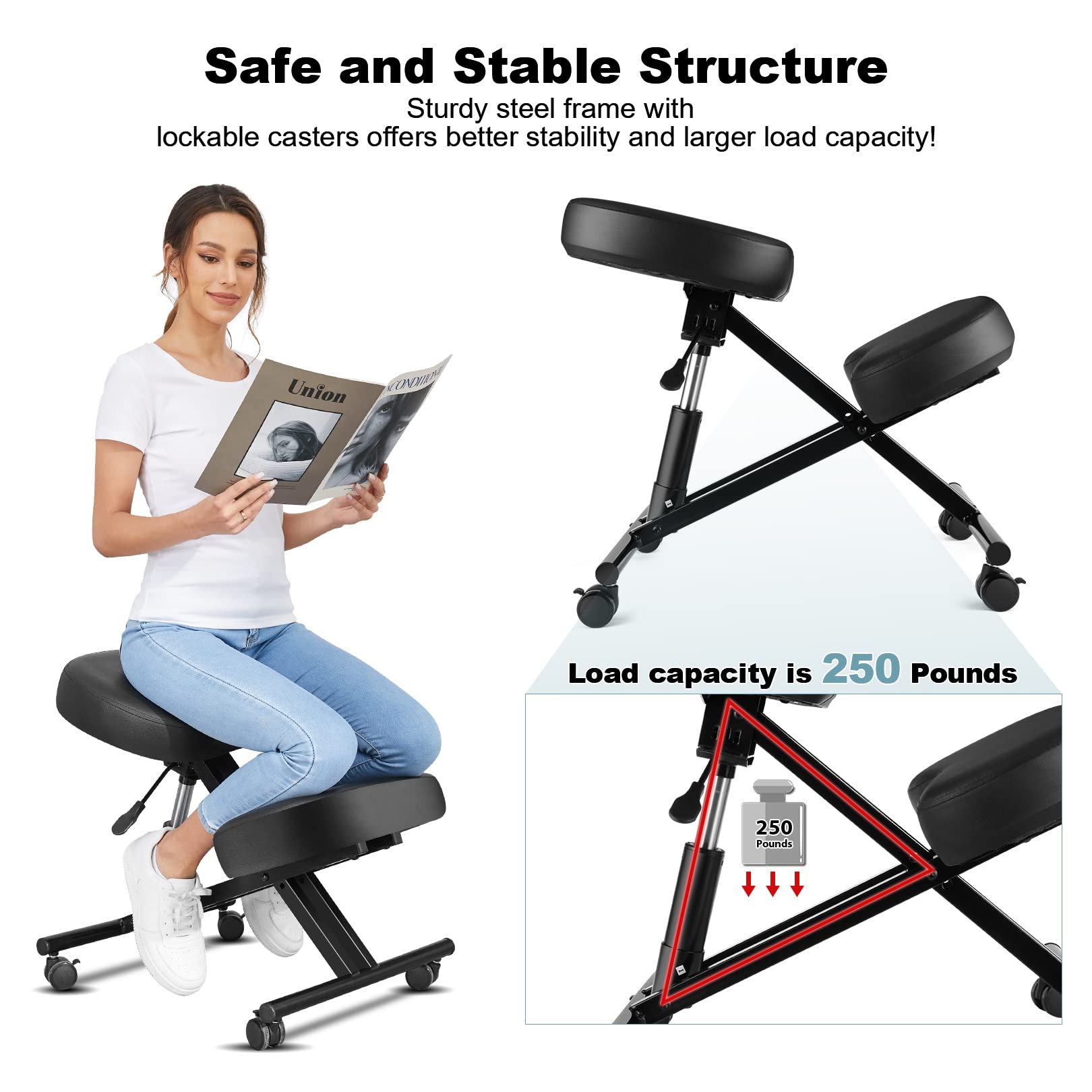 COOCHEER Chaise à Genoux de Bureau Ergonomique, Tabouret Genoux pour la Maison et Le Bureau, Chaise pour Ordinateur avec roulettes, Réglable Hauteur, Structure de Métal, Faux Cuir, Rembourrée