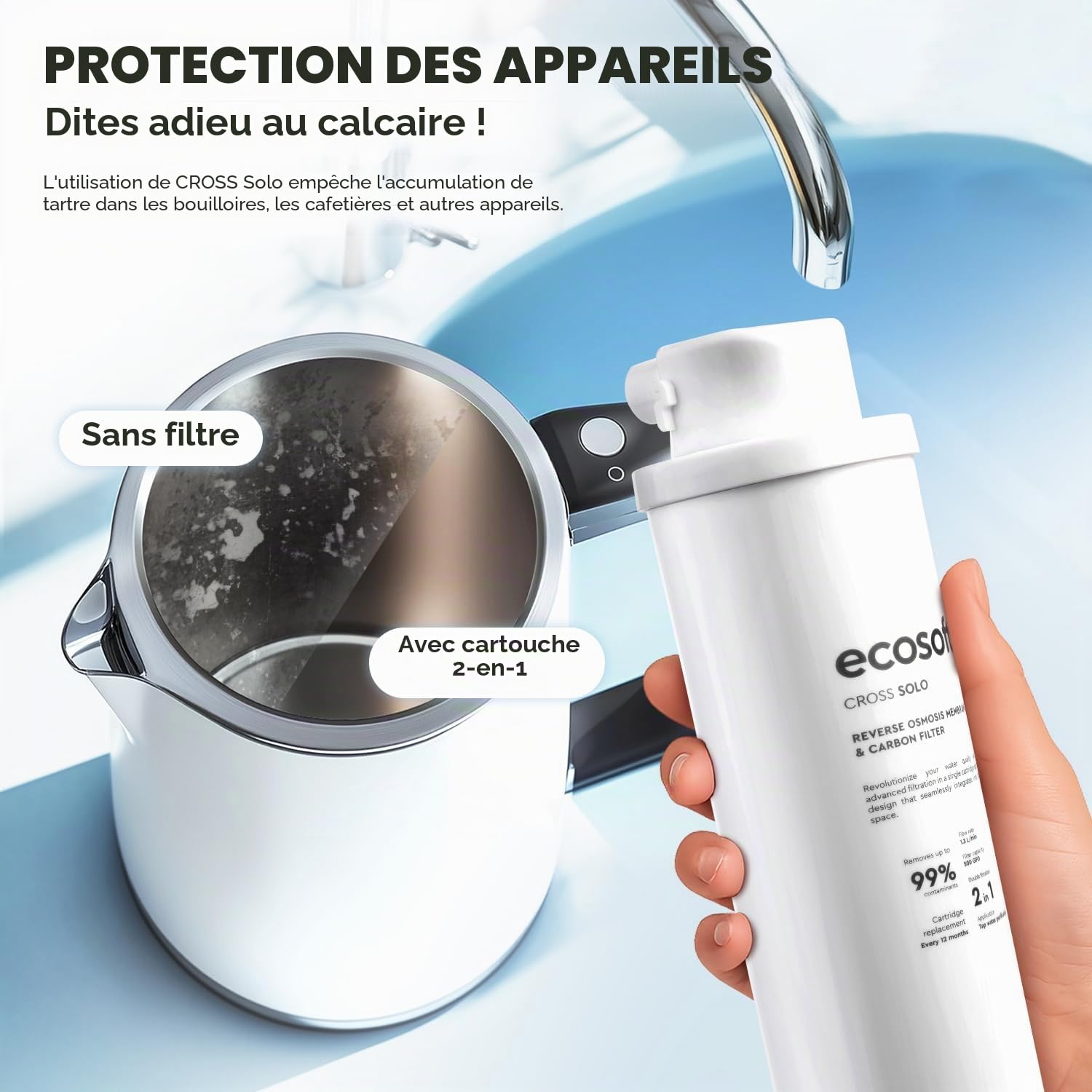 Ecosoft Cross Solo Filtre à osmose inverse à débit direct 1,3 l-min, filtration 2-en-1 avec membrane RO de 500 GPD et post-filtre à charbon, design ultra compact pour petites cuisines