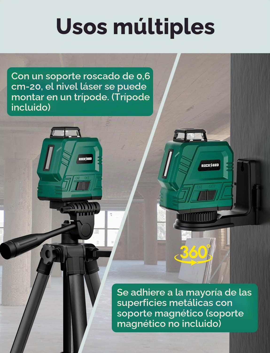 Nivel Láser con Trípode Ajustable de 1,2 m, RockSeed 1x360° Horizontal y 1x 150° Vertical, Línea Láser Verde Autonivelante,Nivelador Láser Recargable, para Colgar Cuadros/Construcción de Paredes