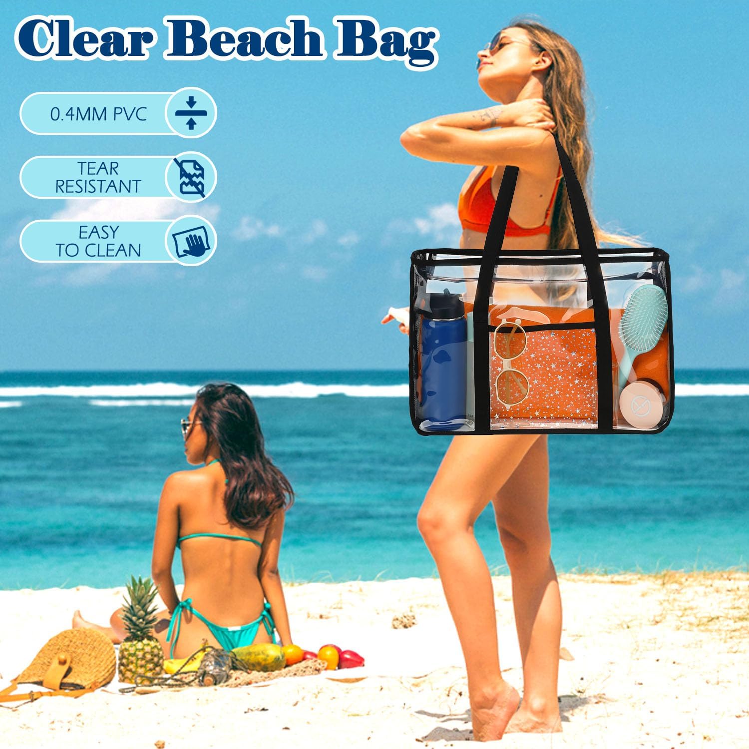 Clear Beach Bag for Women, Large Pool Tote Cruise Vacation Essentials - Zipper Closure, Waterproof, Sandproof - Image 2