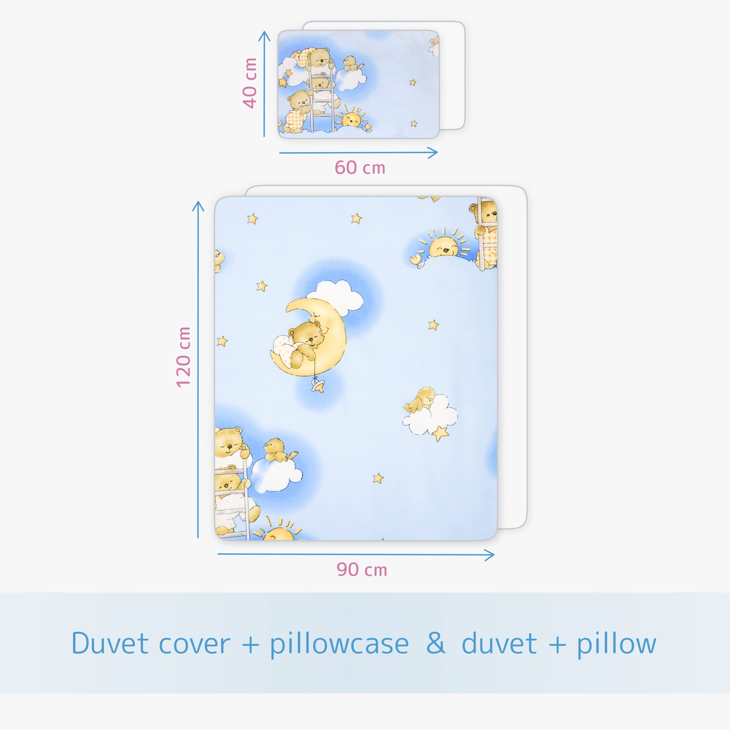 Baby Comfort Almohada de edredón de 5 Piezas con Fundas y sábana de Jersey para Cuna de 120 x 60 cm (escaleras Azules) (12 Meses+)