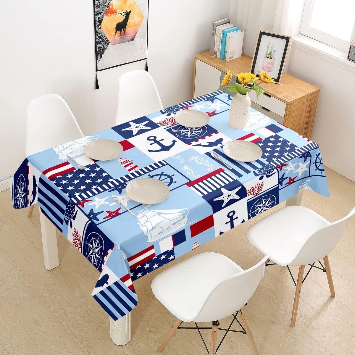 Nautical Anchor Rudder Kids Tablecloths for Girls Boys Adults,Compass Starfish Sea Horse Ocean Table Cover,Grids Stripes Vintage Table Cloth,Blue Table Accessories for Kitchen Decor,Rectangle 55"x94"