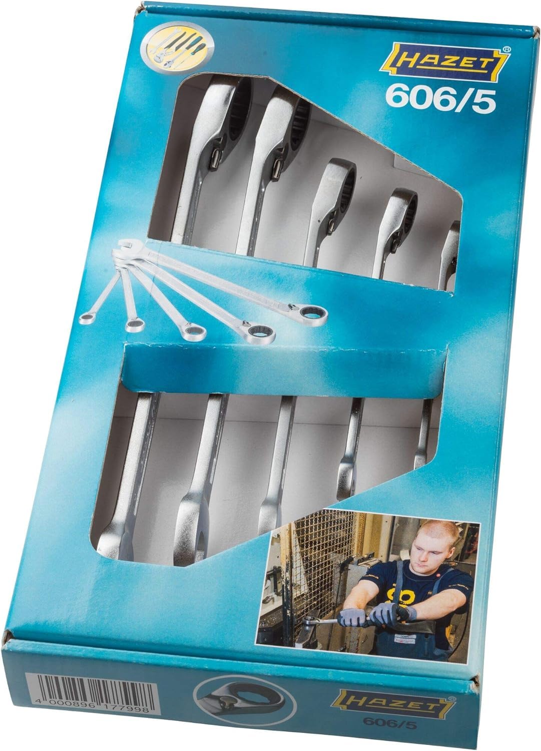 HAZET Jeu de clés mixtes à cliquet 606/5 I Jeu de 5 outils, ouverture de clé : 8-19, sortie : hexagone double extérieurI Jeu de cliquets pour travaux sur voiture, automobile et moto'.