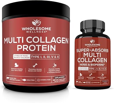 Wholesome Wellness Multi Collagen Protein Powder Hydrolyzed Type I II III V X + Super-Absorb Multi Collagen Pills Type I II III V X Bundle