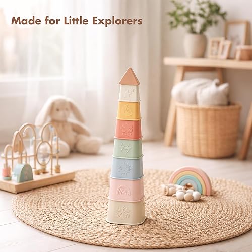 Miniatura 7 de Tazas Apilables para Bebés, Juguetes de Apilar de Silicona, Torre Educativa de Construcción para Bebés 6M+, Bloques de Construcción Blandos