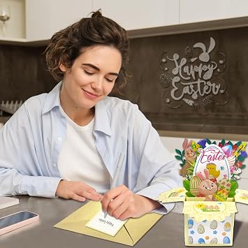 Easter Cards Easter Cards with Envelope Easter Card Happy Easter Card Pop Up Card Easter Happy Easter Card with Envelope Easter Cards 3D with Rabbits Easter Egg and Floral Pattern (C)