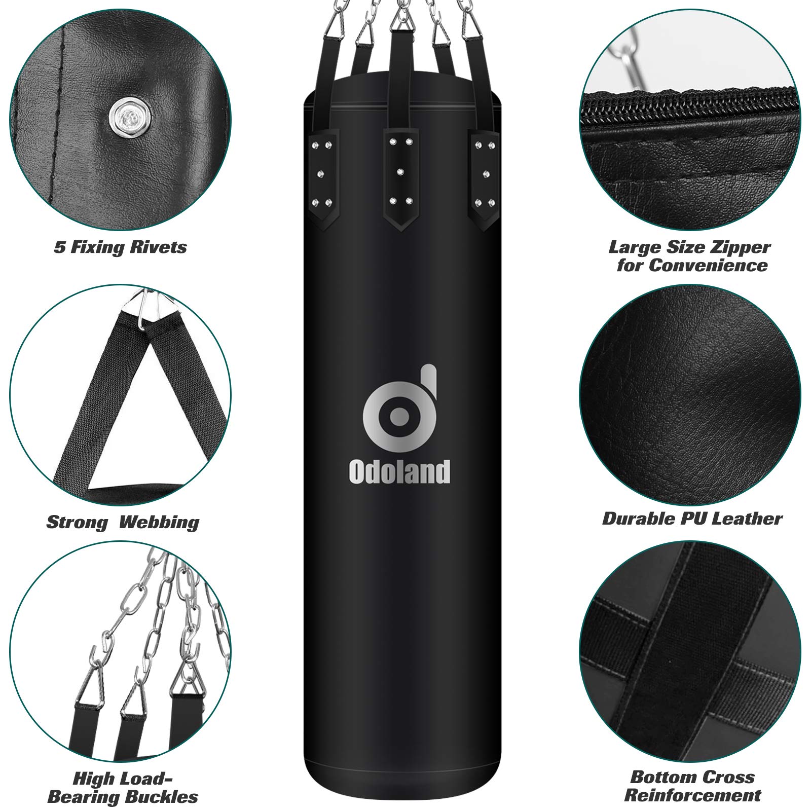 Odoland Sacco da Boxe Non Riempito con Guantoni, Reflex Ball, Fasce, Corda per Saltare, Catena Gancio Soffitto Punching Bag per Allenamenti Muay Thai Kickboxing (120CM)