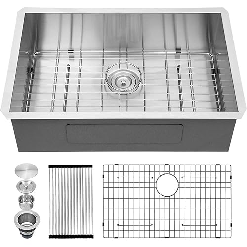 Kichae Kitchen Sink Undermount - 28 Inch Undermount Sink Single Bowl 16 Gauge Stainless Steel Kitchen Sinks Round Corner Basin