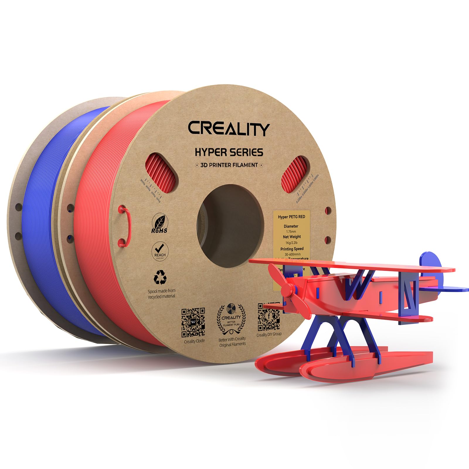 CREALITY Hyper PETG 1.75mm 3D Printer Filament, Up to 600mm/s High Speed Rapid PETG,2kg (4.4lb) Neatly Wound Cardboard Spool, Dimensional Accuracy ±