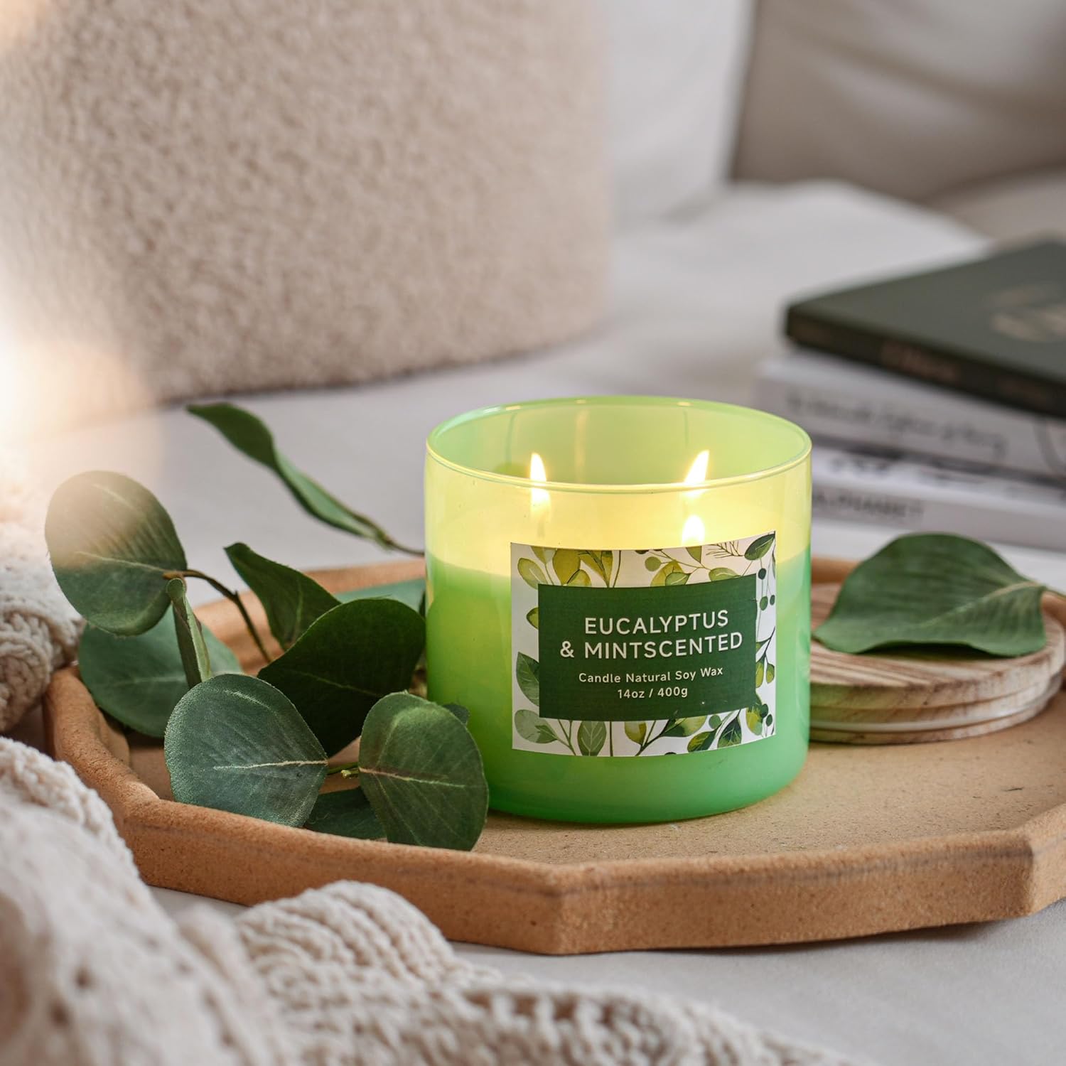 Eucalyptus & Mint Scented Candle - 3 Wicks 14 oz Soy Wax Candle, Christmas Relaxing Gift for Women and Men, Aromatherapy Candles for Stress Relief, Meditation, Yoga, SPA - Image 2